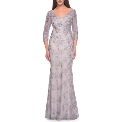 La Femme Pastel Lace Mother Of The Bride Gown With Three Quarter Sleeves