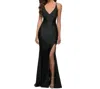 La Femme Plunging Neck High Slit Strappy Back Gown Dress In Black In Black