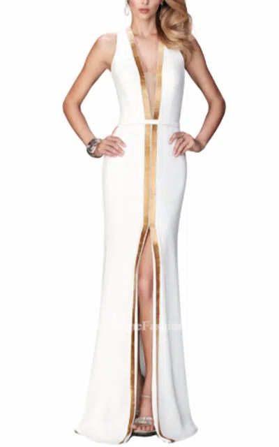 La Femme Plunging Sequin Gown In White/gold