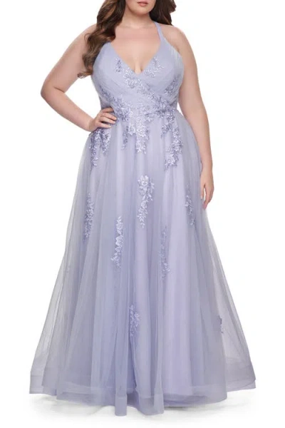 La Femme Plus Size A-line Tulle Dress With Floral Detailing
