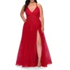 La Femme Plus Size A-line Tulle Dress With Floral Detailing In Red