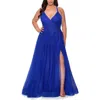 La Femme Plus Size A-line Tulle Dress With Floral Detailing In Royal Blue