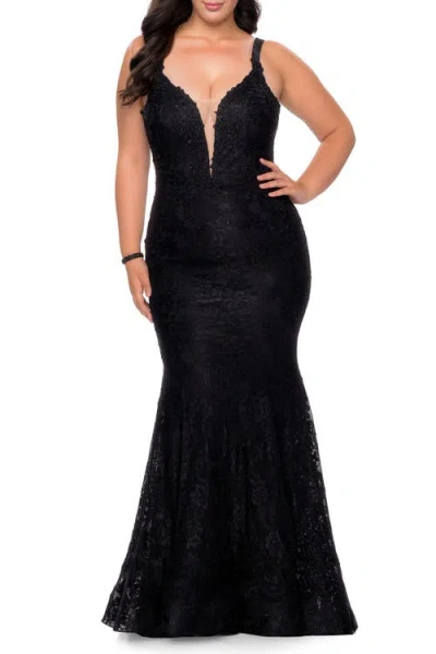 La Femme Plus Size Dress Lace Fitted Long Gown In Black