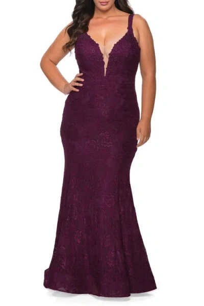 La Femme Plus Size Dress Lace Fitted Long Gown In Dark Berry