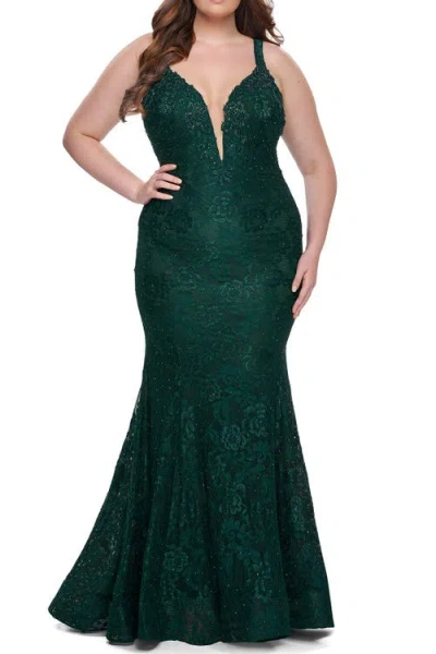 La Femme Plus Size Dress Lace Fitted Long Gown In Green