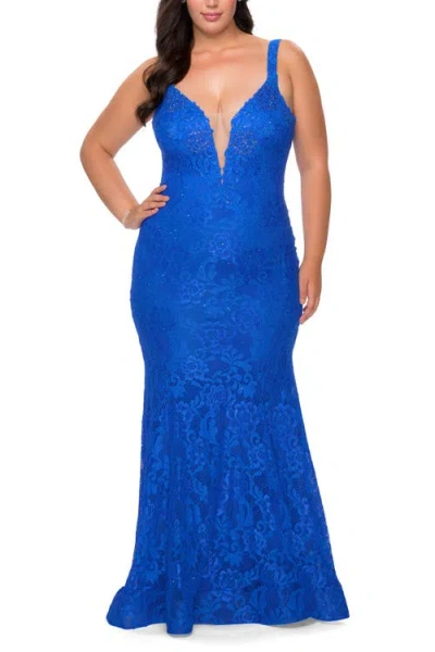 La Femme Plus Size Dress Lace Fitted Long Gown In Royal Blue