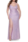 La Femme Plus Size Sequin Prom Dress With Ruching And Slit