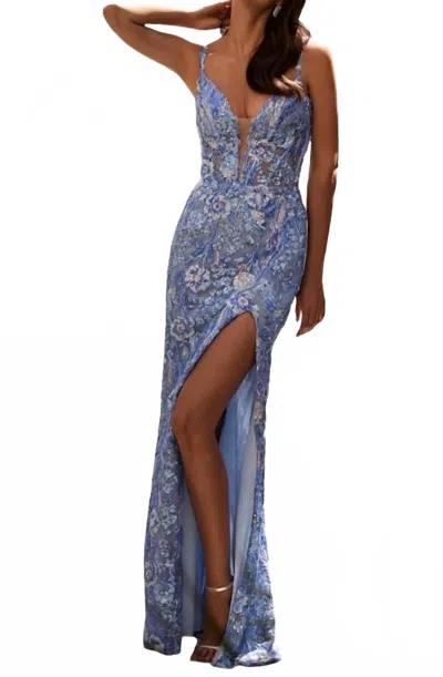 La Femme Print Sequin Dress In Cloud Blue