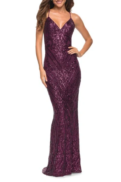La Femme Print Sequin Gown In Dark Berry