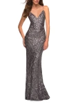 La Femme Print Sequin Gown In Gunmetal