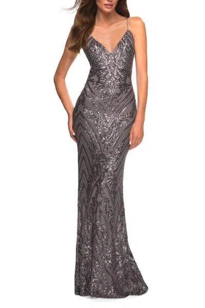 La Femme Print Sequin Gown In Gunmetal