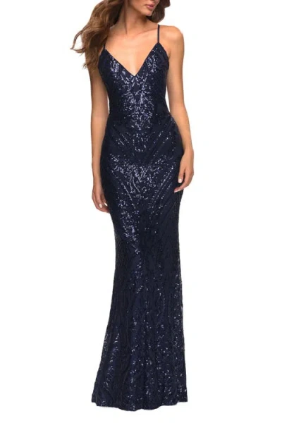 La Femme Print Sequin Gown In Navy