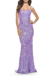 La Femme Print Sequin Gown With Square Neckline In Lavender