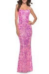 La Femme Print Sequin Gown With Square Neckline In Neon Pink