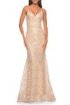 La Femme Print Sequin Mermaid Dress With Lace Up Back In Brown