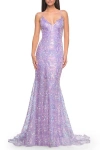 La Femme Print Sequin Mermaid Dress With Lace Up Back In Purple