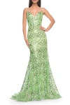 La Femme Print Sequin Mermaid Dress With Lace Up Back In Green