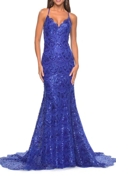 La Femme Print Sequin Mermaid Dress With Lace Up Back In Blue