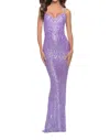 La Femme Gorgeous Print Sequin Dress With Lace Up Back