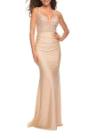 La Femme Prom Dress With Beautiful Lace Bodice And Jersey Skirt In Nude