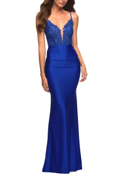 La Femme Prom Dress With Beautiful Lace Bodice And Jersey Skirt In Royal Blue