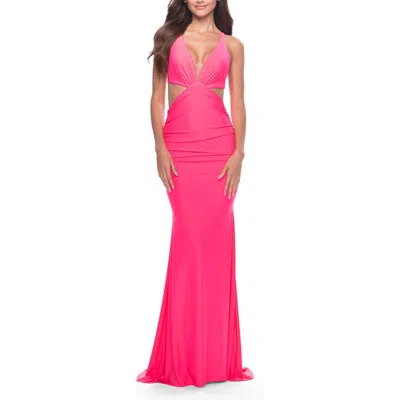 La Femme Prom Dress With Cut Out Sides And Low Open Back In Neon Pink