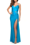 La Femme Prom Dress With Cut Outs At Hip And High Slit In Aqua