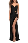 La Femme Prom Dress With Cut Outs At Hip And High Slit In Black