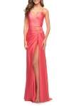 La Femme Prom Dress With Cut Outs At Hip And High Slit In Coral