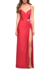 La Femme Prom Dress With Cut Outs At Hip And High Slit In Red