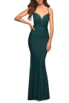 La Femme Prom Dress With Knot At Waist And Open Back In Emerald