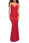 La Femme Prom Dress With Knot At Waist And Open Back In Red