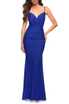 La Femme Prom Dress With Knot At Waist And Open Back In Royal Blue
