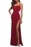 La Femme Cross Back Satin Jersey Trumpet Gown In Deep Red