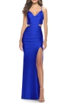 La Femme Prom Dress With Side Cutouts And Open Tie Back