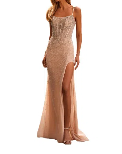 La Femme Ravishing Fitted Net Prom Dress In Blush In Neutral