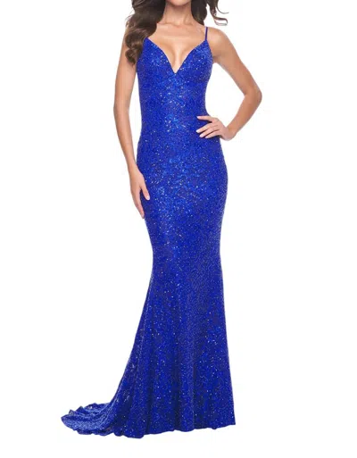 La Femme Remarkable Beaded Lace Mermaid Prom Dress In Royal Blue