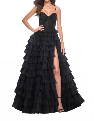 La Femme Rhinestone Bodice Full Ruffle Skirt Prom Dress In Black