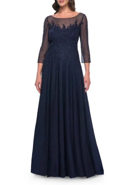 La Femme Rhinestone Embellished A-line Tulle And Lace Evening Dress In Navy