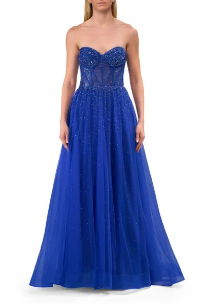 La Femme Rhinestone Embellished A-line Tulle Gown With Corset Top In Blue