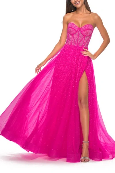 La Femme Rhinestone Embellished A-line Tulle Gown With Corset Top In Pink
