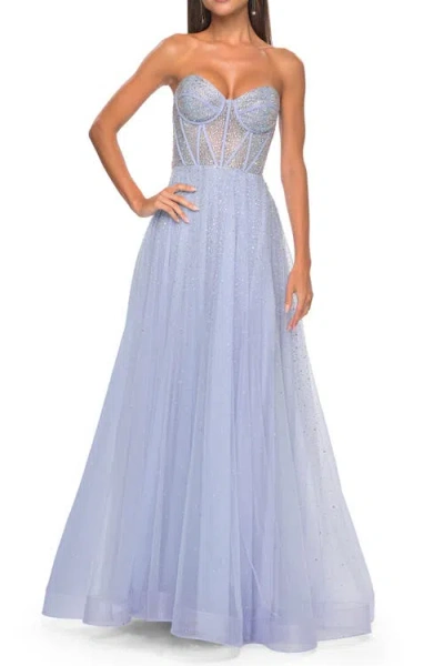 La Femme Rhinestone Embellished A-line Tulle Gown With Corset Top In Purple
