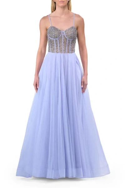 La Femme Rhinestone Embellished Corset With Lace Up Back And Tulle Skirt In Blue