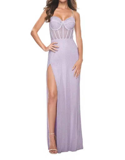 La Femme Rhinestone Embellished Fishnet Prom Dress In Lavender In Blue