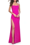 La Femme Rhinestone Embellished Jersey Gown With Square Neckline In Hot Fuchsia