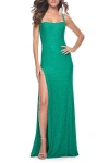 La Femme Rhinestone Embellished Jersey Gown With Square Neckline In Jade