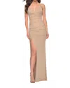 La Femme Rhinestone Embellished V-neck Fitted Prom Dress In Nude In Neutral