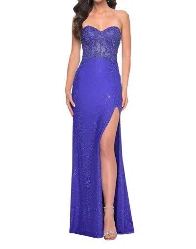 La Femme Rhinestone Encrusted Jersey Prom Dress In Royal Blue
