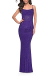 La Femme Rhinestone Encrusted Net Jersey Gown With Ruching Detail