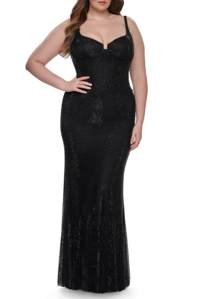 LA FEMME LA FEMME RHINESTONE FISHNET PLUS SIZE DRESS WITH BUSTIER TOP